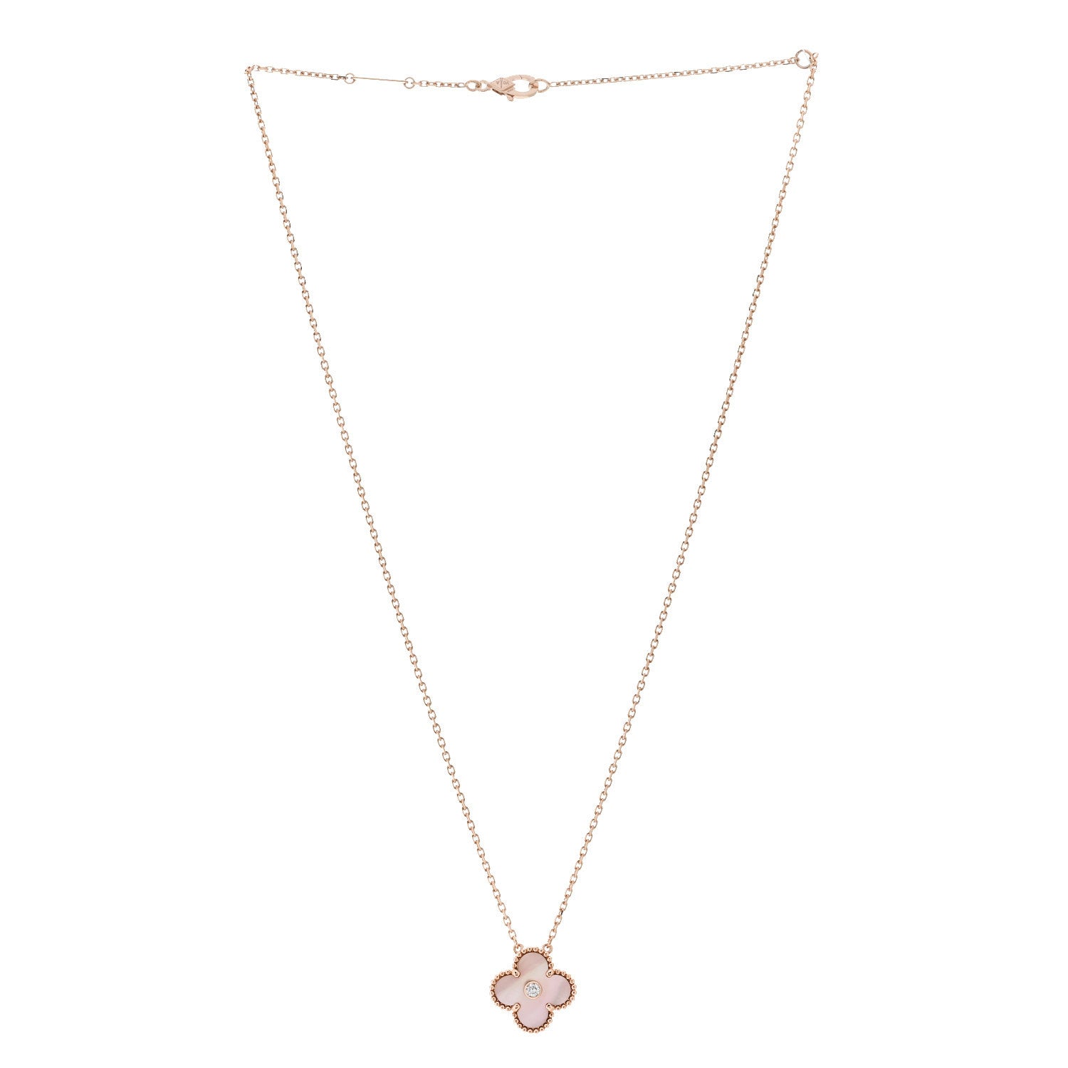 Van Cleef & Arpels 18K Rose Gold Diamond Pink Mother of Pearl Vintage Alhambra Pendant Necklace 3 of 7