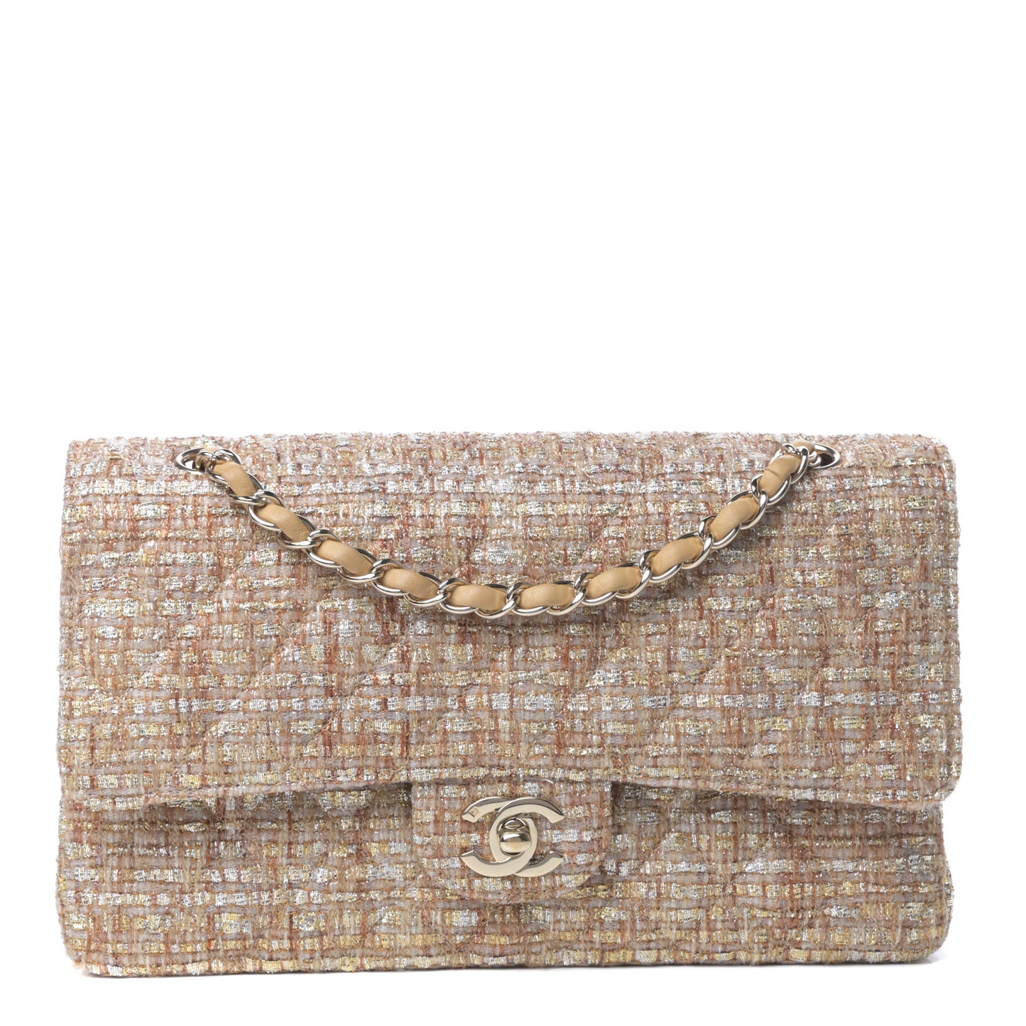 Tweed Quilted Medium Double Flap Brown Gold