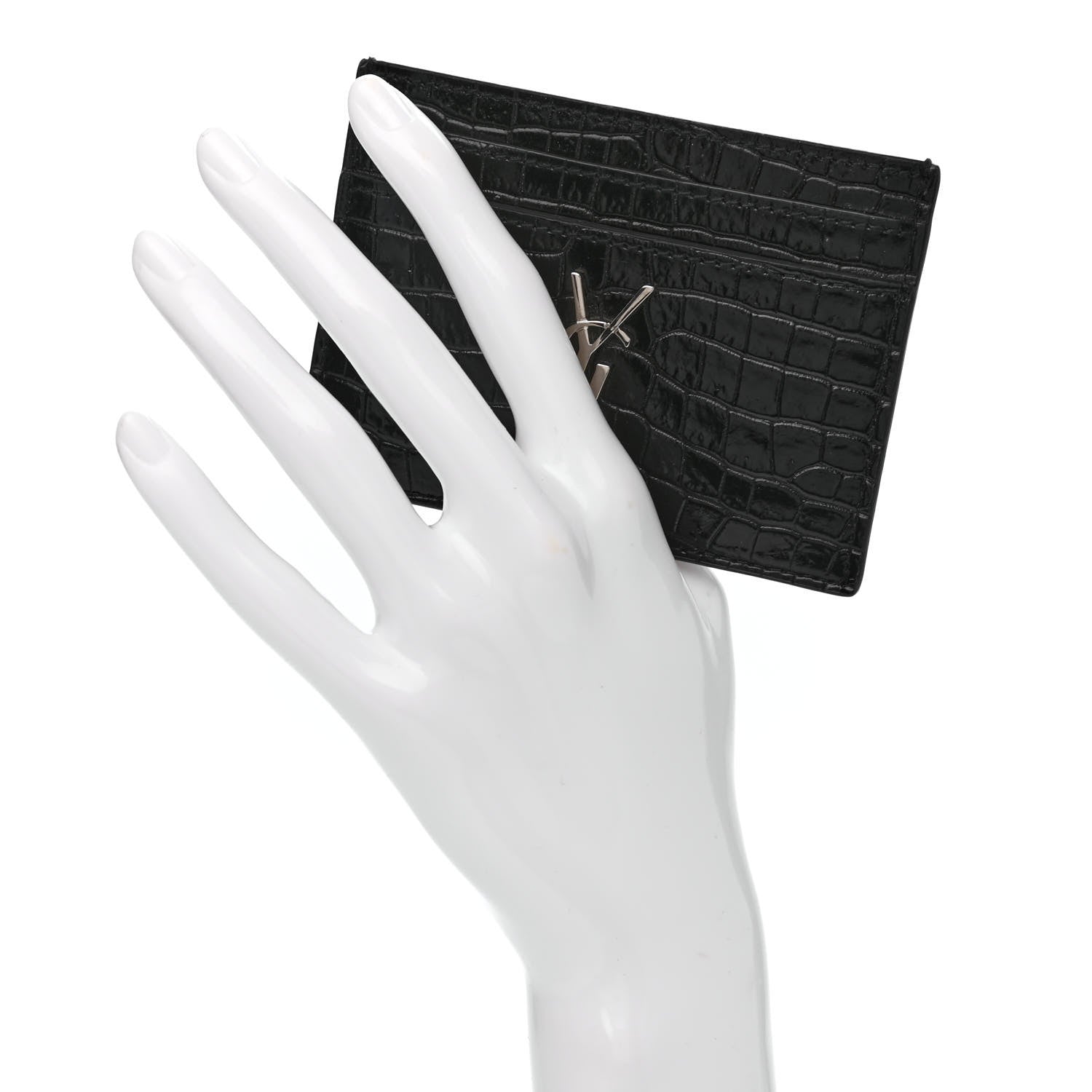 Saint Laurent Calfskin Crocodile Embossed Monogram Credit Card Case Black 2 of 9