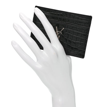 Saint Laurent Calfskin Crocodile Embossed Monogram Credit Card Case Black 2 of 9