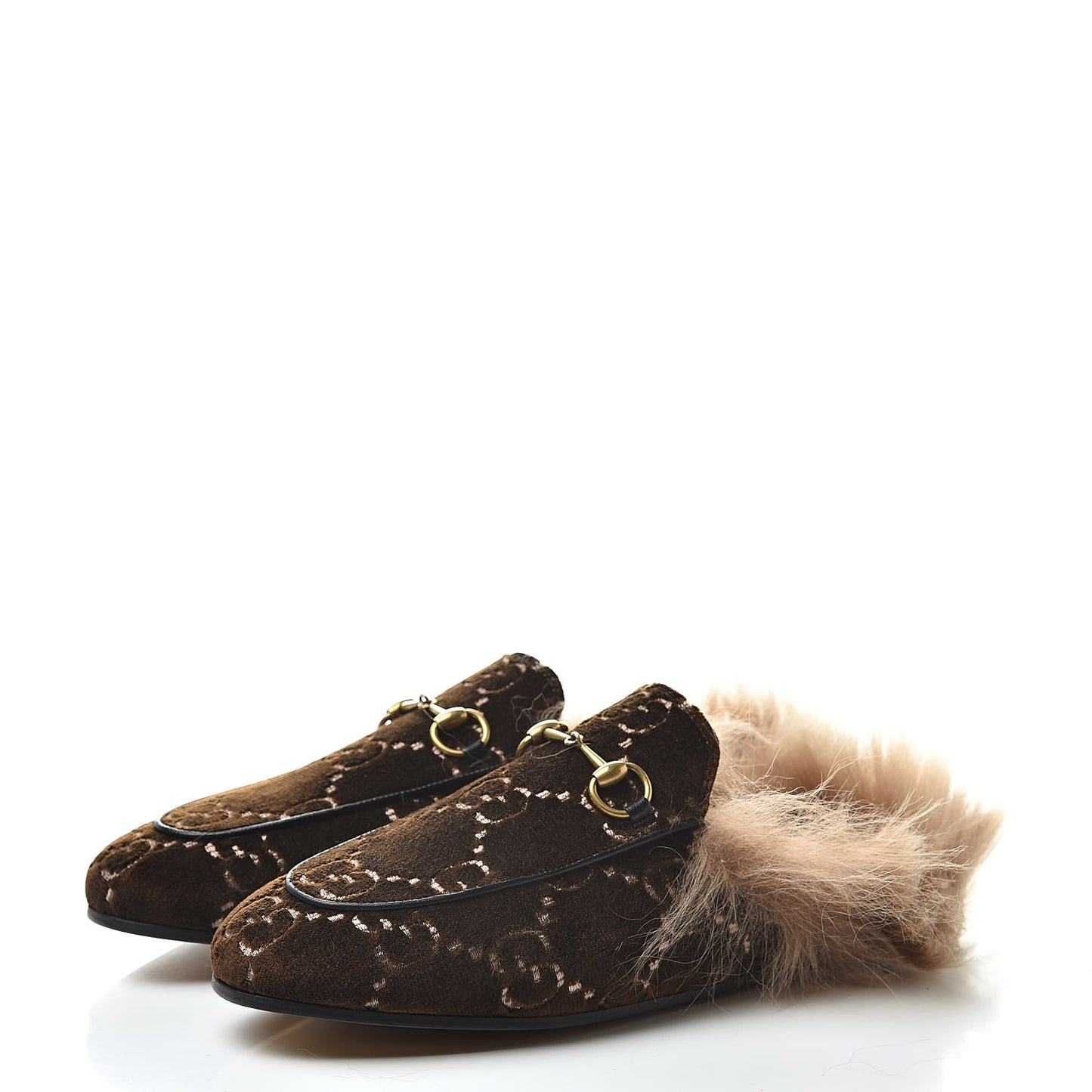 Velvet GG Monogram Fur Womens Princetown Slippers 37.5 Brown Black Natural