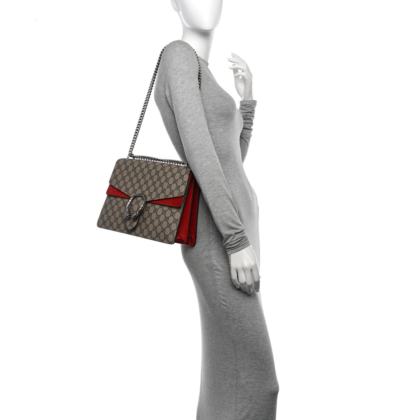 GG Supreme Monogram Suede Cudu Medium Dionysus Shoulder Bag Beige Ebony Vulcanic Red