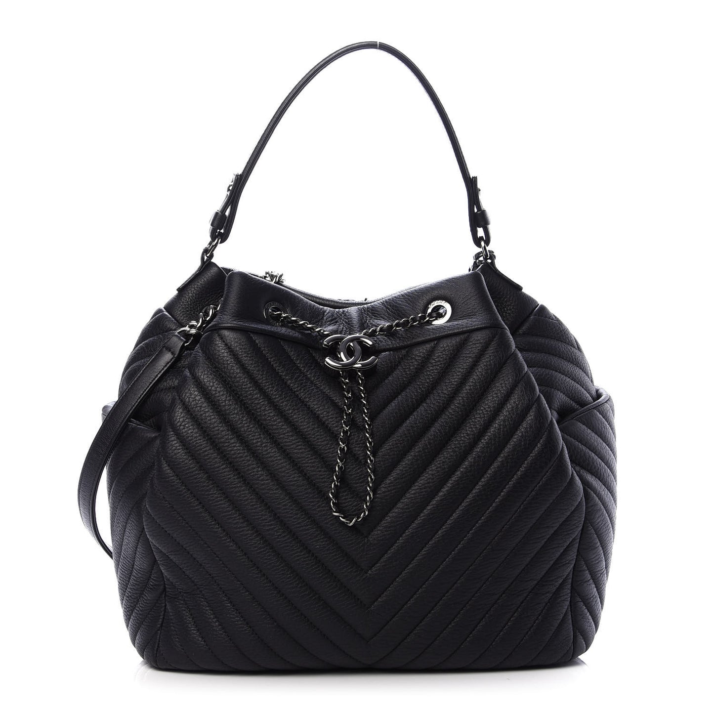 Deerskin Chevron Large CC Chain Bucket Drawstring Bag Black