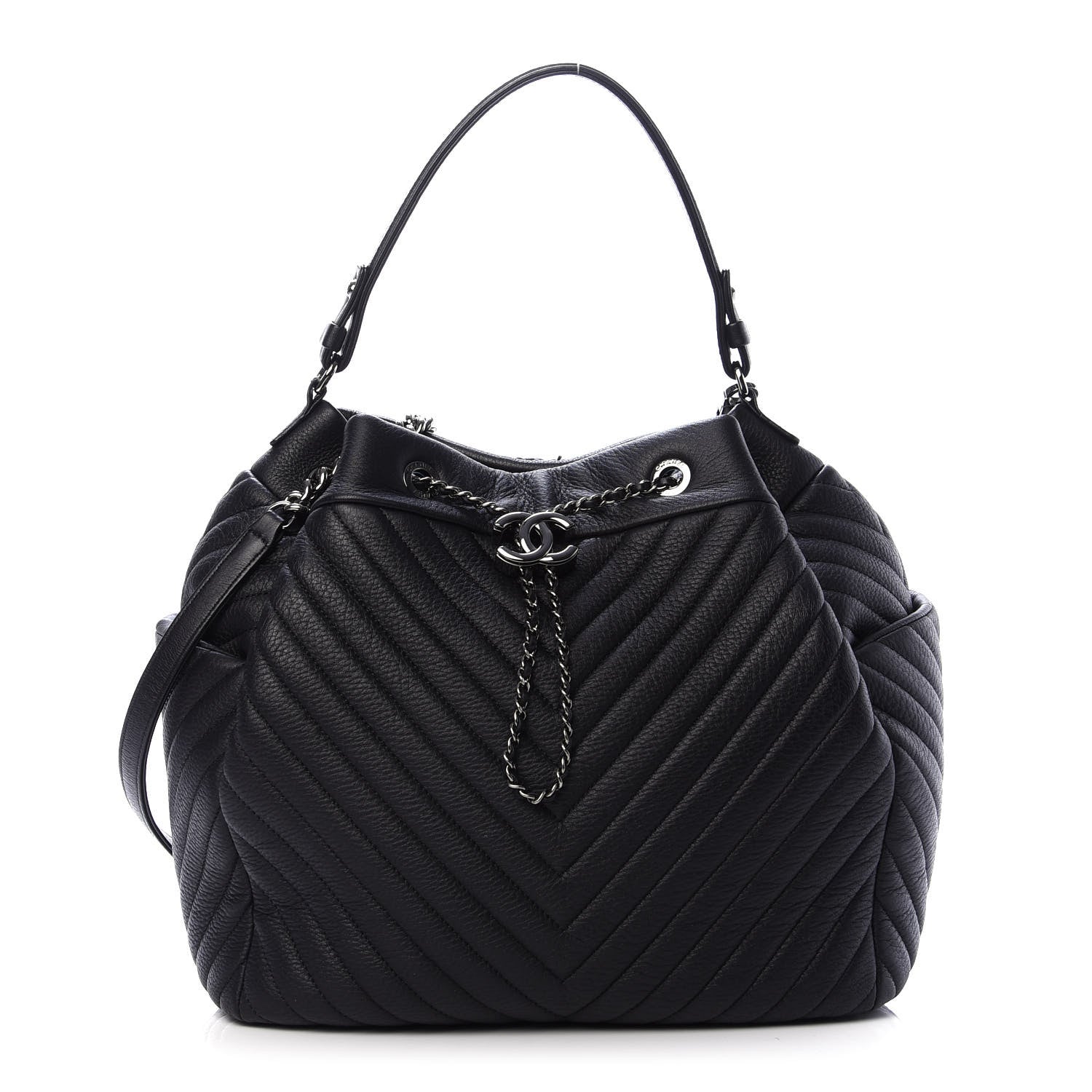 Chanel Deerskin Chevron Large CC Chain Bucket Drawstring Bag Black 1 of 12