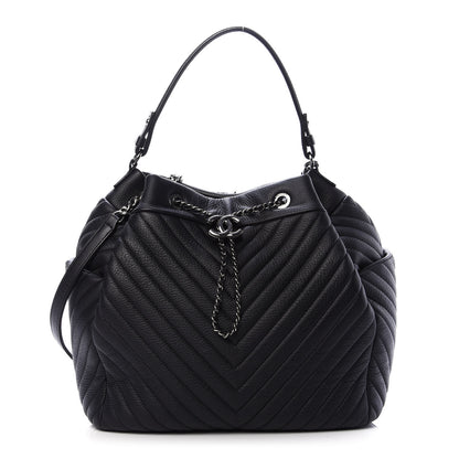 Chanel Deerskin Chevron Large CC Chain Bucket Drawstring Bag Black 1 of 12