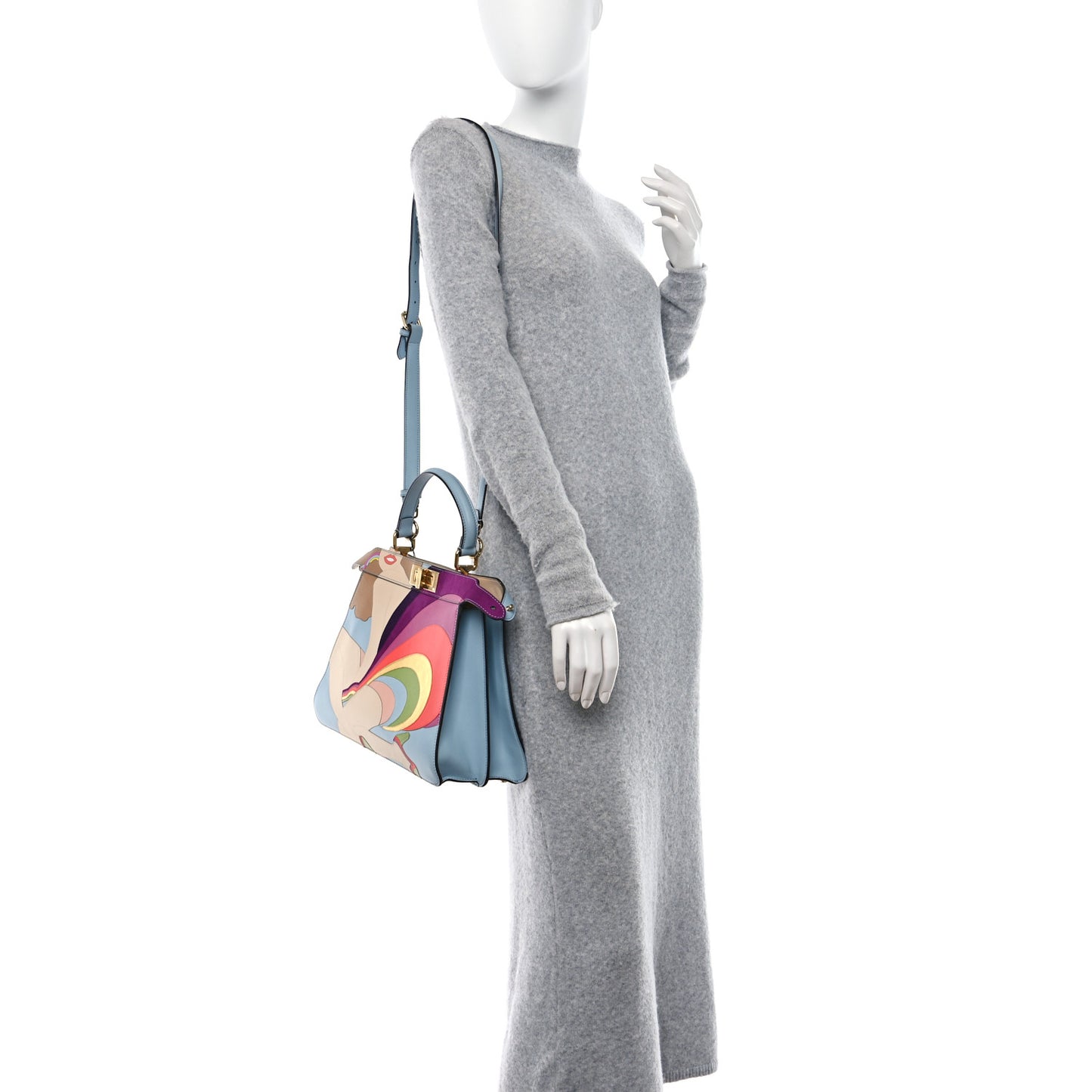 Vitello Seta Nappa Bi-Color Rainbow Girl Inlay Medium Peekaboo I SEE U Satchel Azzurro Baby Multicolor