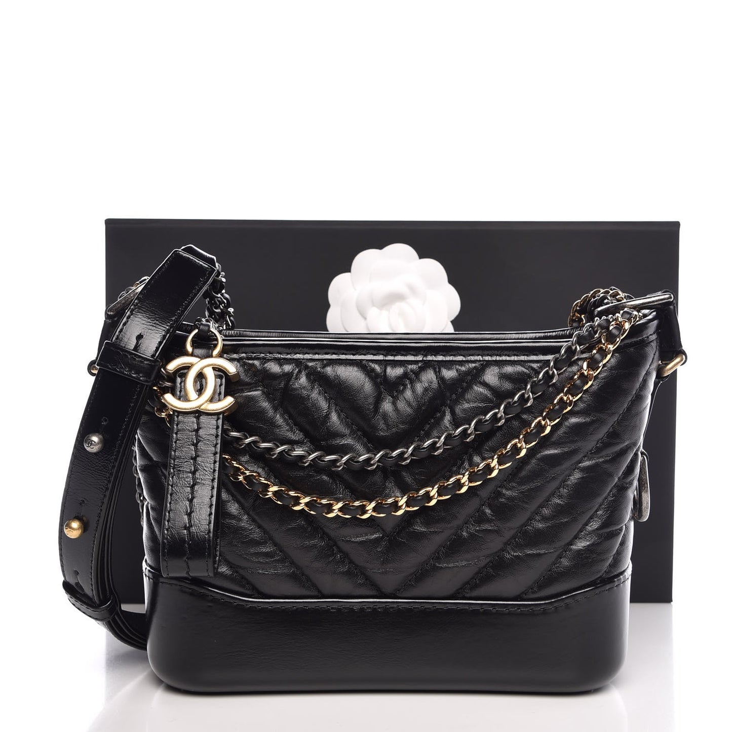 Aged Calfskin Chevron Quilted Small Gabrielle Hobo Black