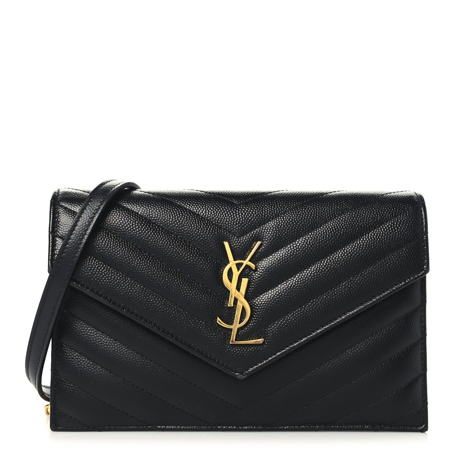 Saint Laurent Grain De Poudre Matelasse Chevron Monogram Envelope Chain Wallet Black 1 of 9