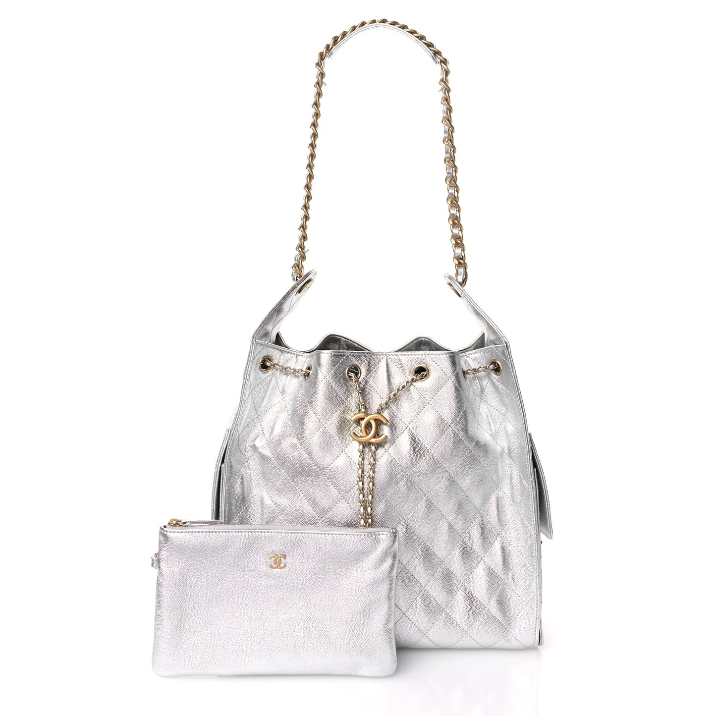 Metallic Caviar Quilted Medium Chanel 25 Handbag Silver