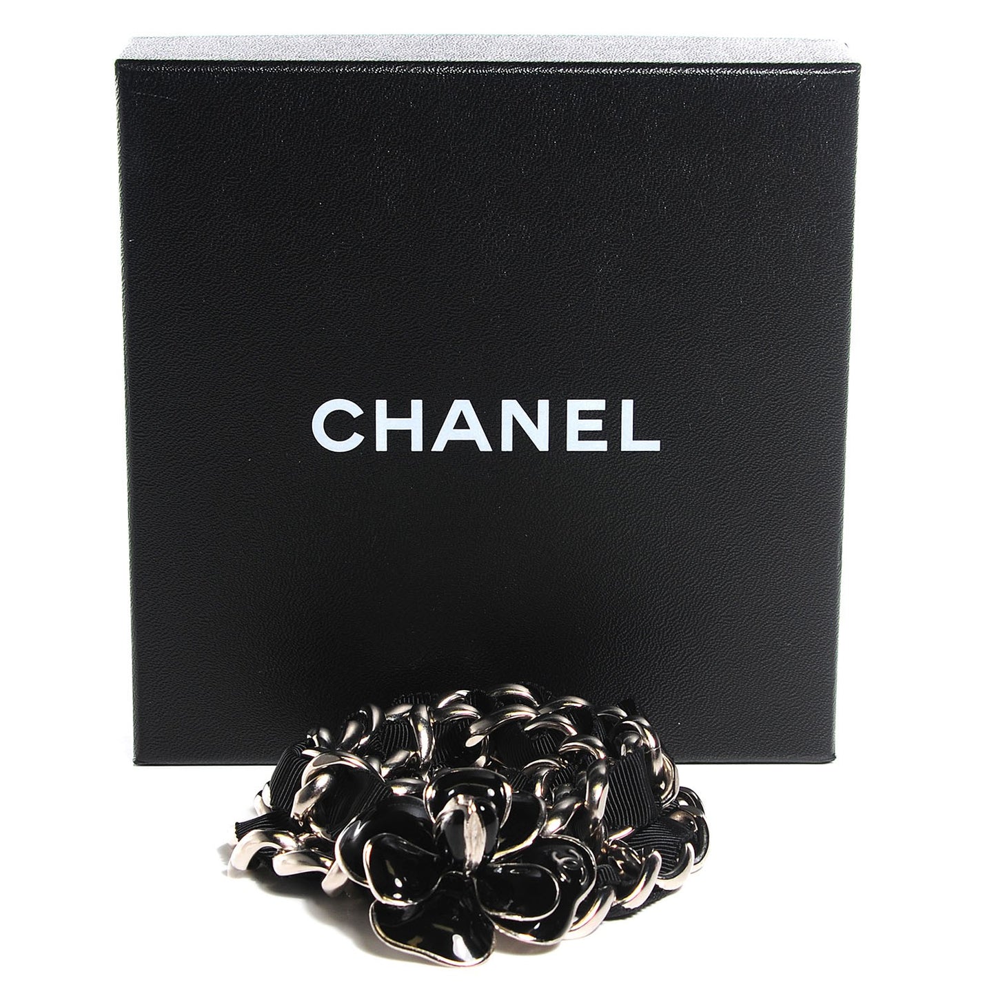 Grosgrain Camellia Chain Belt Black