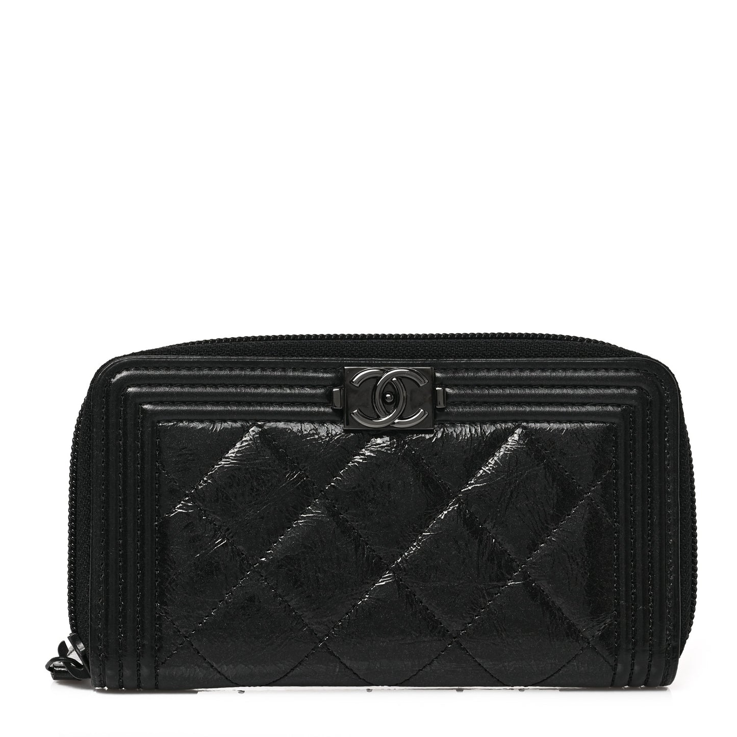 Distressed Patent Quilted Small Boy Zip Around Wallet Black