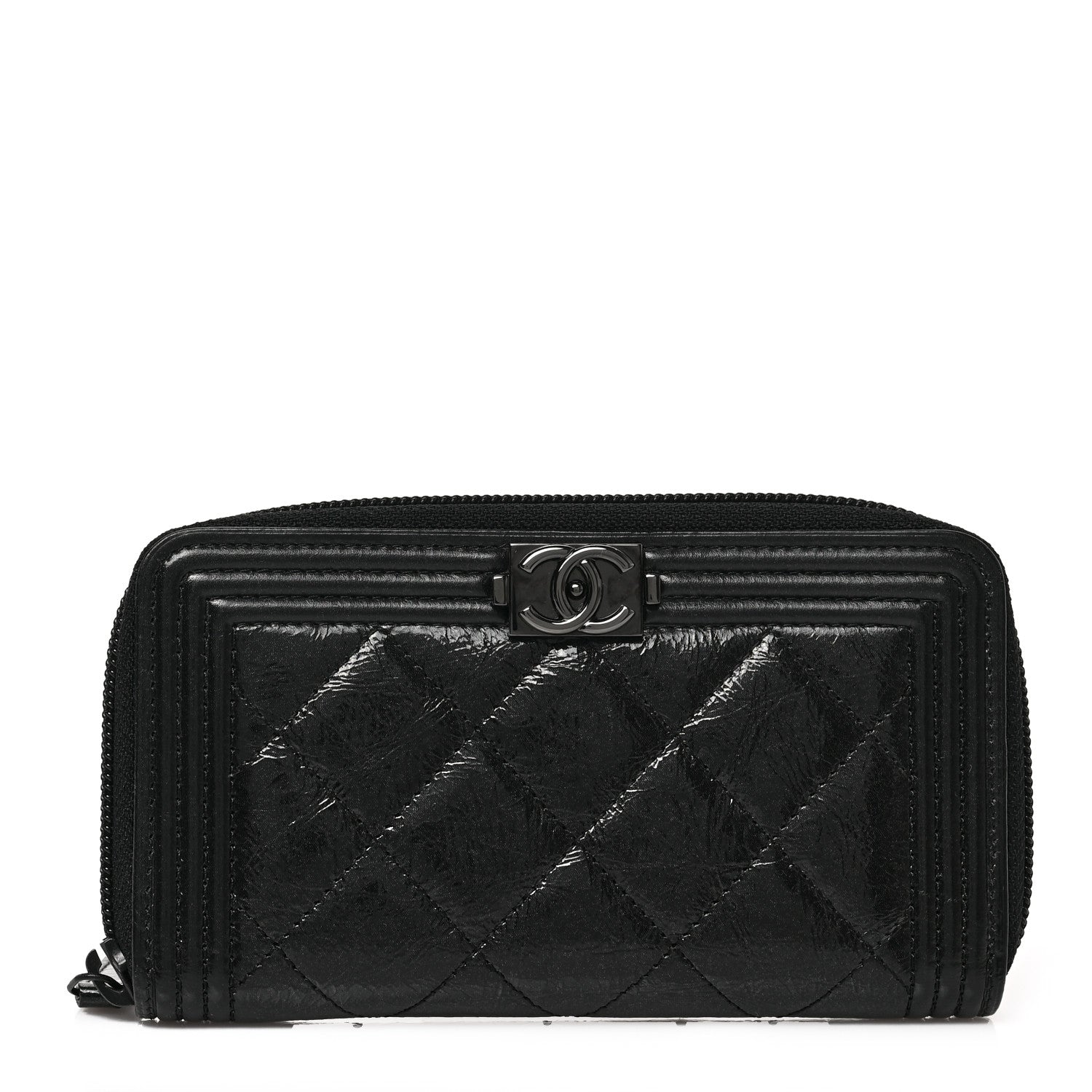 Chanel Distressed Patent Quilted Small Boy Zip Around Wallet Black 1 of 10