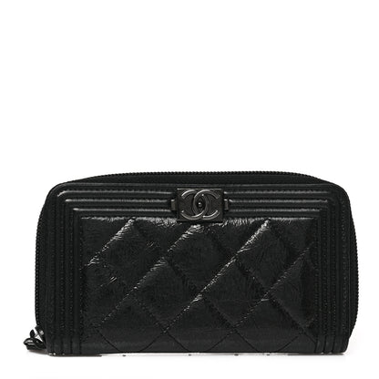 Chanel Distressed Patent Quilted Small Boy Zip Around Wallet Black 1 of 10