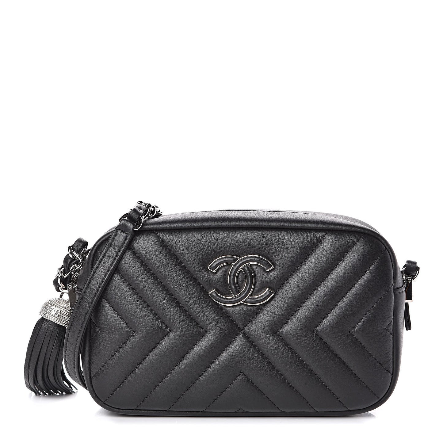 Calfskin Diagonal Chevron Quilted Tassel Camera Case Black