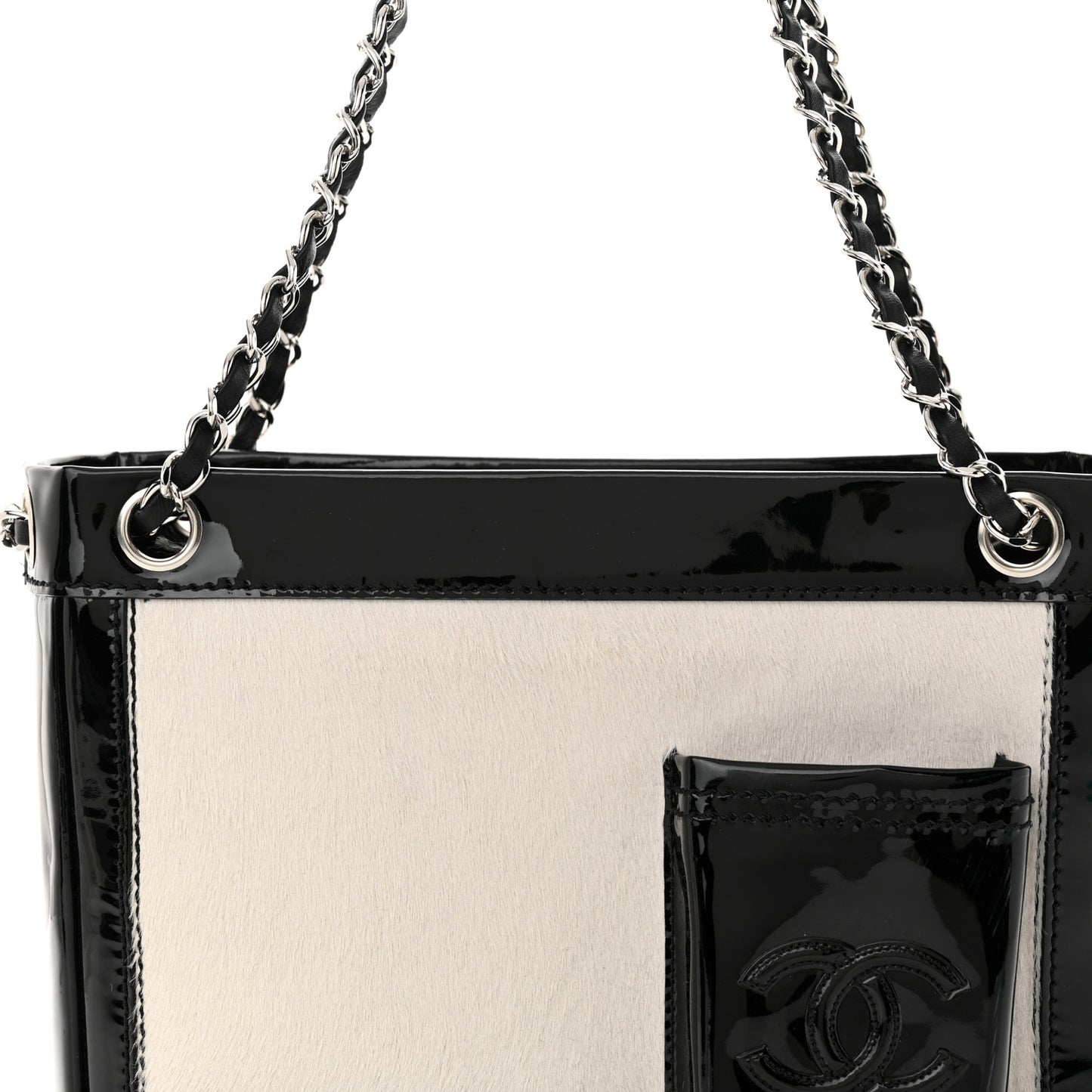 Patent Pony Hair Small Pocket Tote Black White