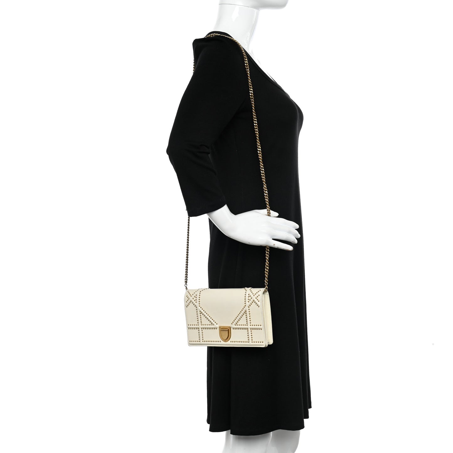 Lambskin Studded Diorama Wallet on Chain Pouch Off White