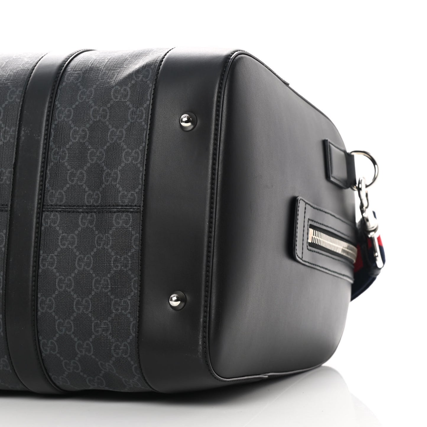 Soft GG Supreme Monogram Appia Calfskin Web Medium Carry On Duffle Bag Black Grey