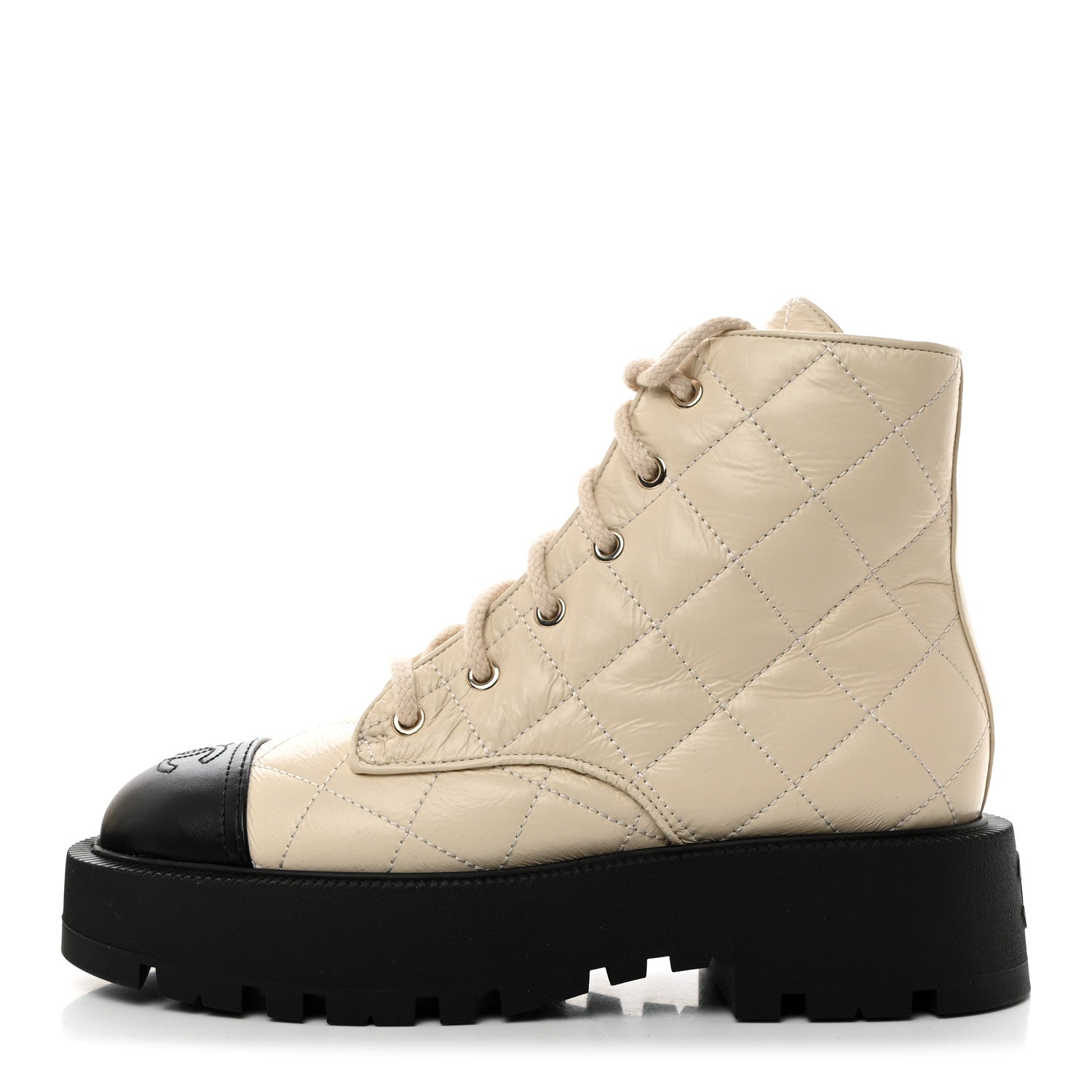 Chanel Crumpled Lambskin Quilted Platform Lace Up Combat Boots 38 Beige Black 1 of 8