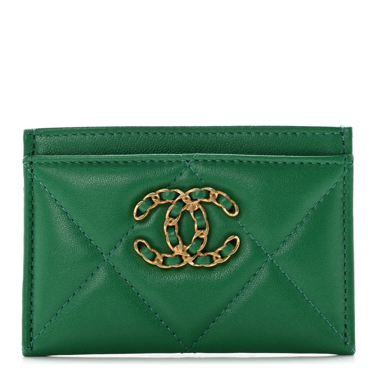 Lambskin Quilted Chanel 19 Card Holder Green
