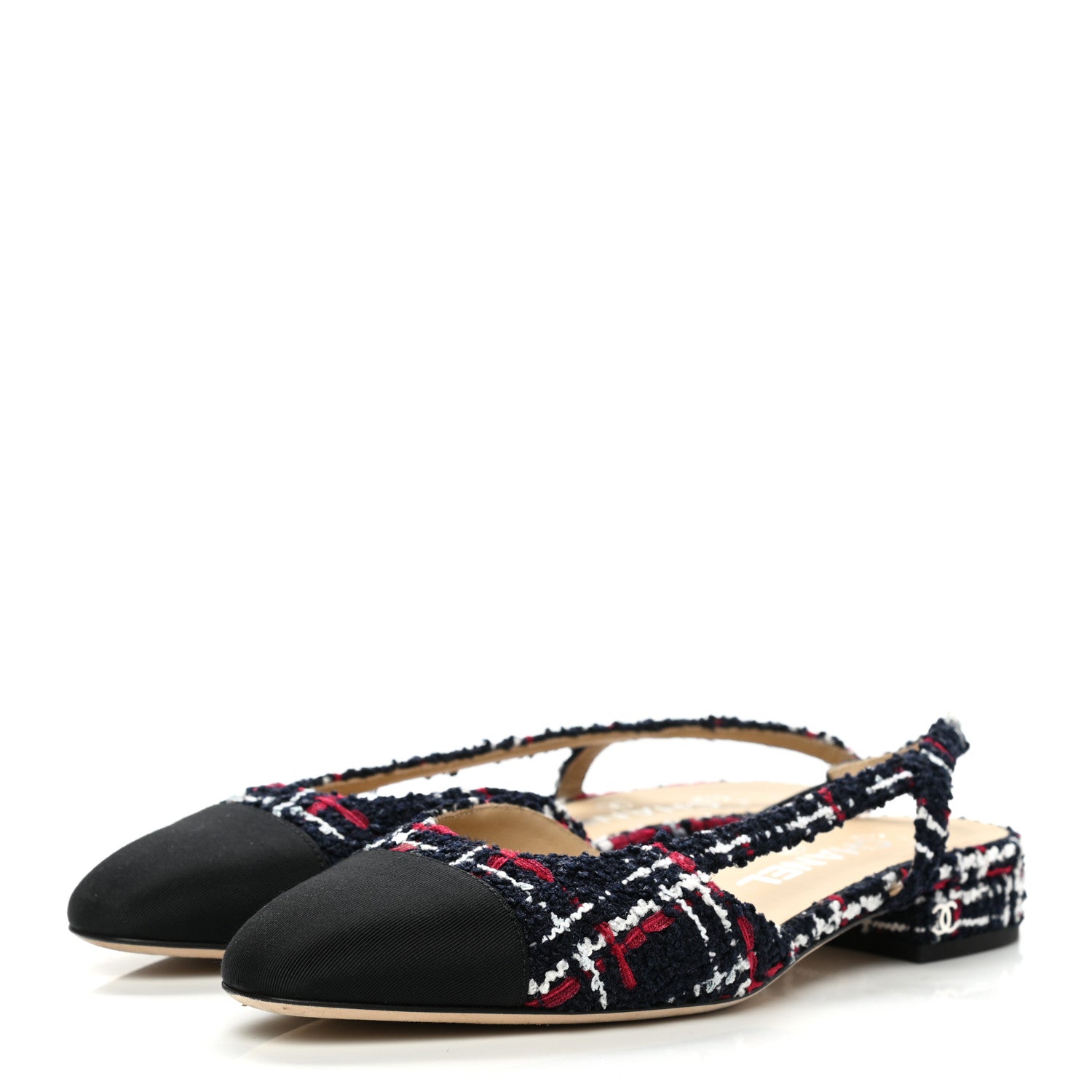 Chanel Tweed Grosgrain Cap Toe CC Slingback Flats 36 Navy Red White 3 of 10