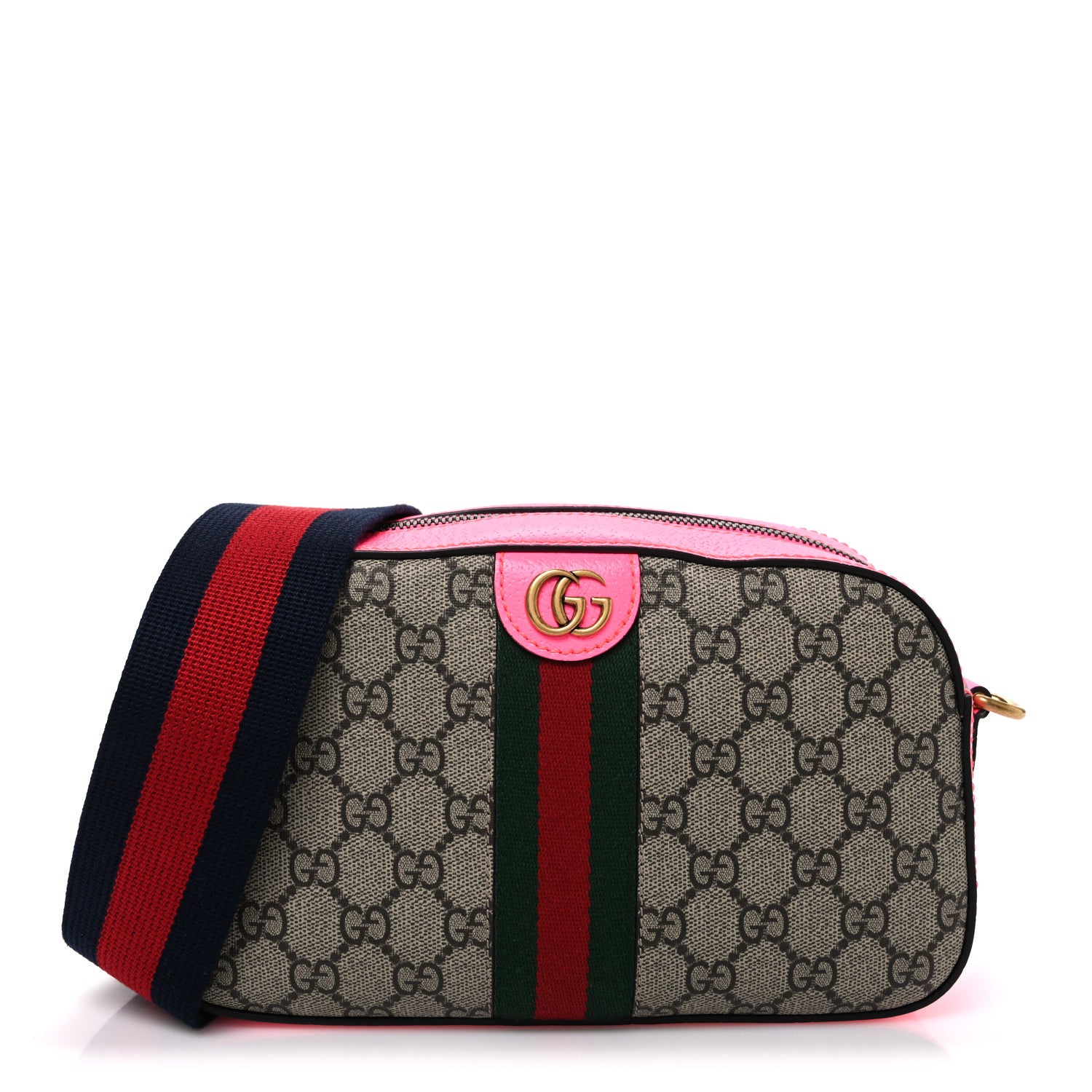 Gucci GG Supreme Monogram Textured Dollar Calfskin Web Ophidia Small Crossbody Bag Beige Ebony Fuchsia 1 of 10