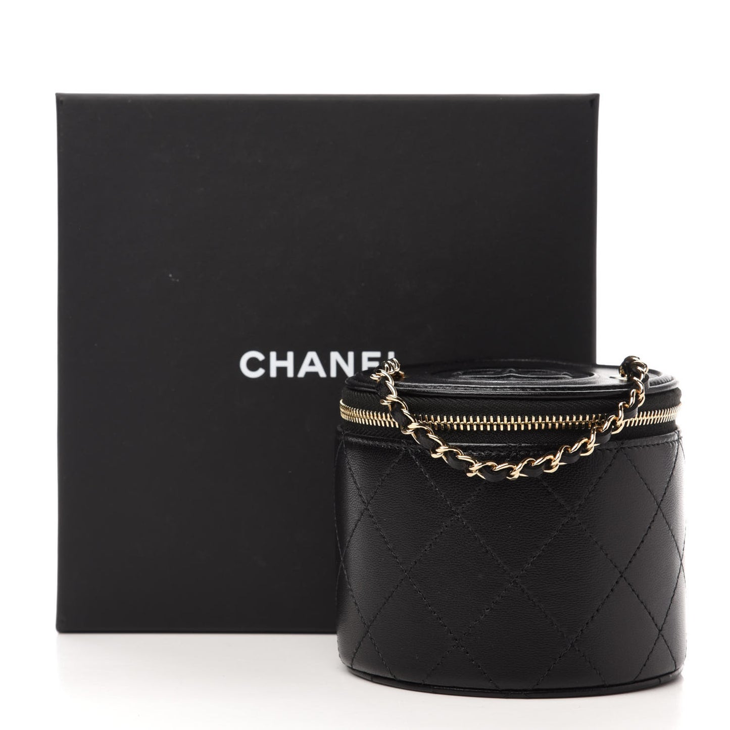 Lambskin Quilted Round Small Vanity Case With Chain Black