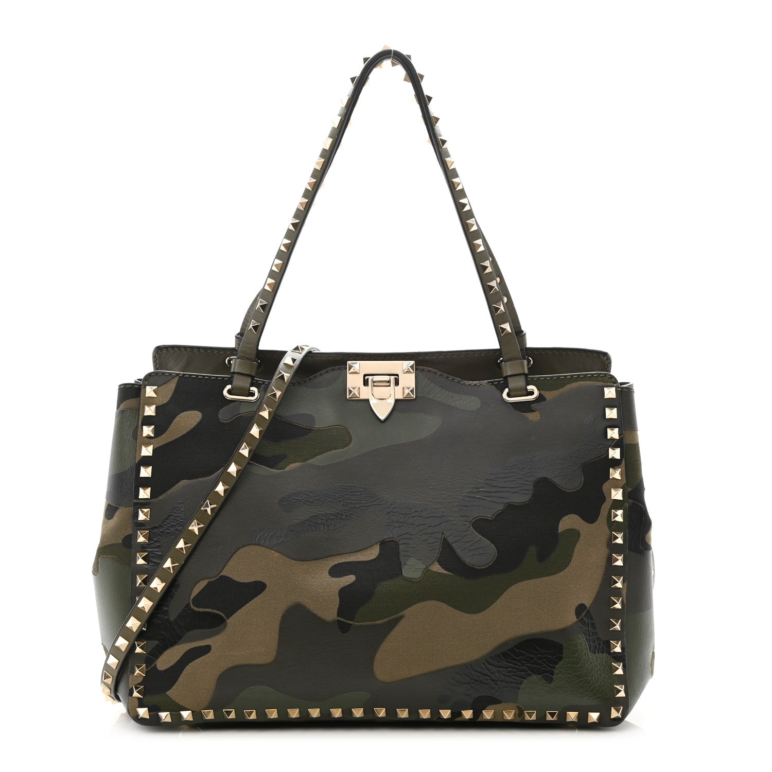 Valentino Garavani Nappa Canvas Camouflage Medium Rockstud Tote Verde Rouge 1 of 18