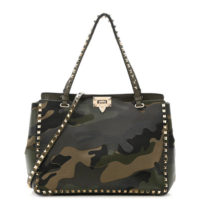 Valentino Garavani Nappa Canvas Camouflage Medium Rockstud Tote Verde Rouge 1 of 18