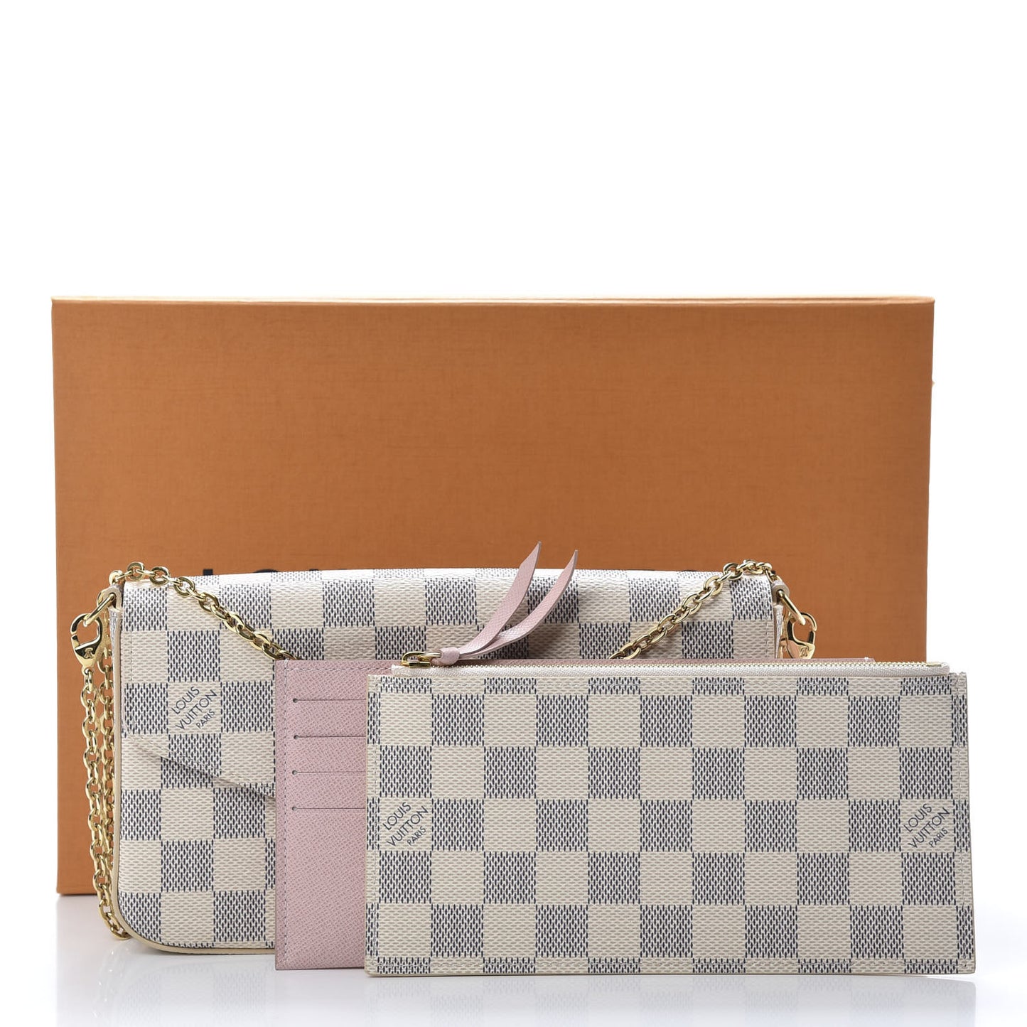 Damier Azur Pochette Felicie Chain Wallet Rose Ballerine