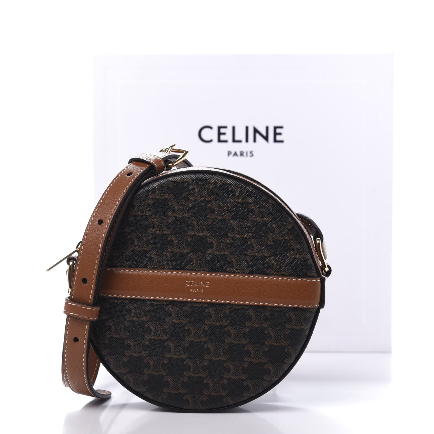 Celine Lambskin Triomphe Canvas Round Purse On Strap Black Tan 9 of 9