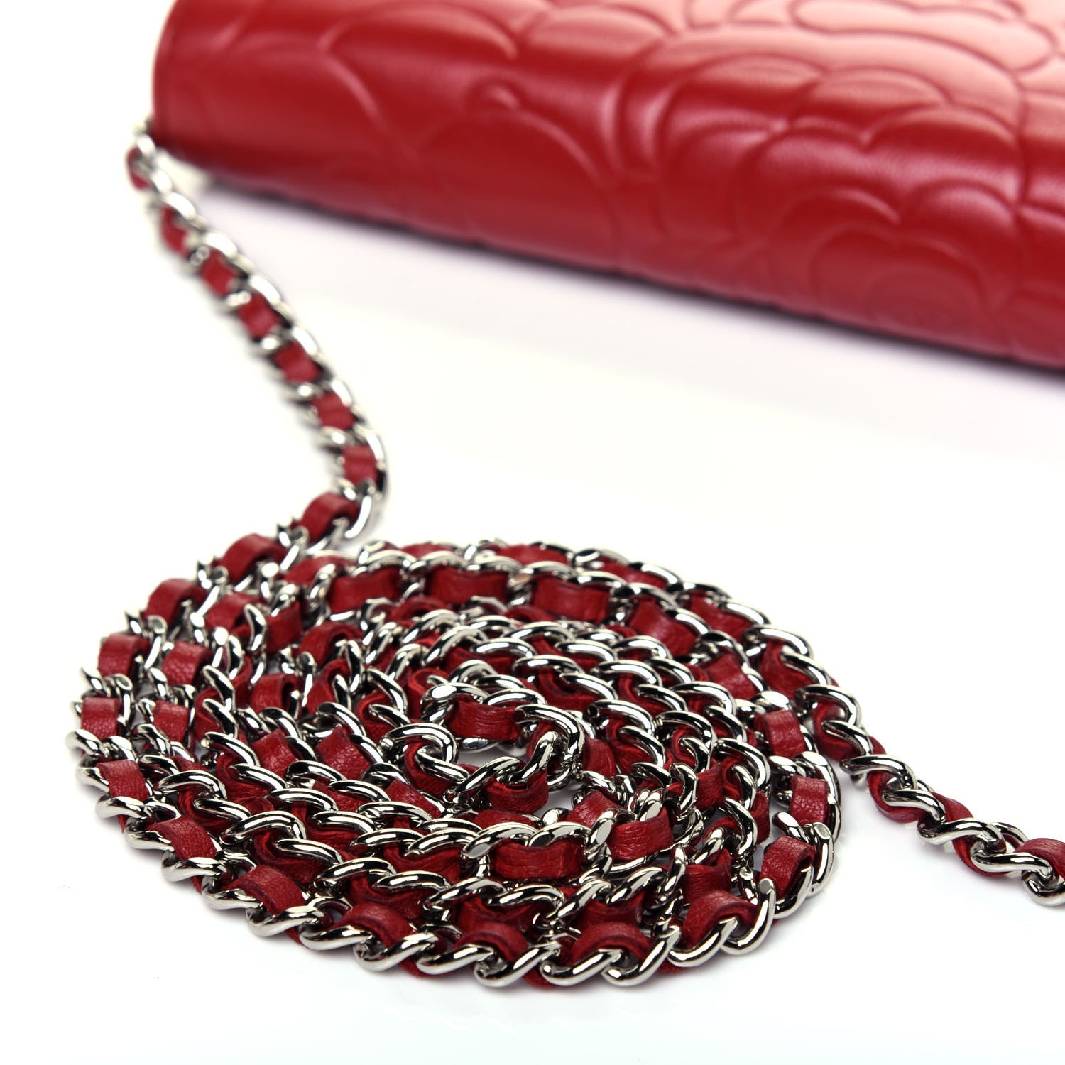Chanel Lambskin Camellia Embossed Wallet On Chain WOC Red 20 of 21