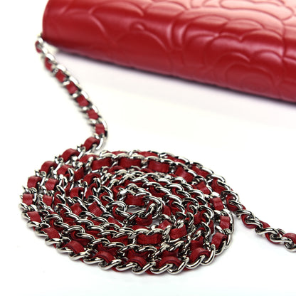 Chanel Lambskin Camellia Embossed Wallet On Chain WOC Red 20 of 21