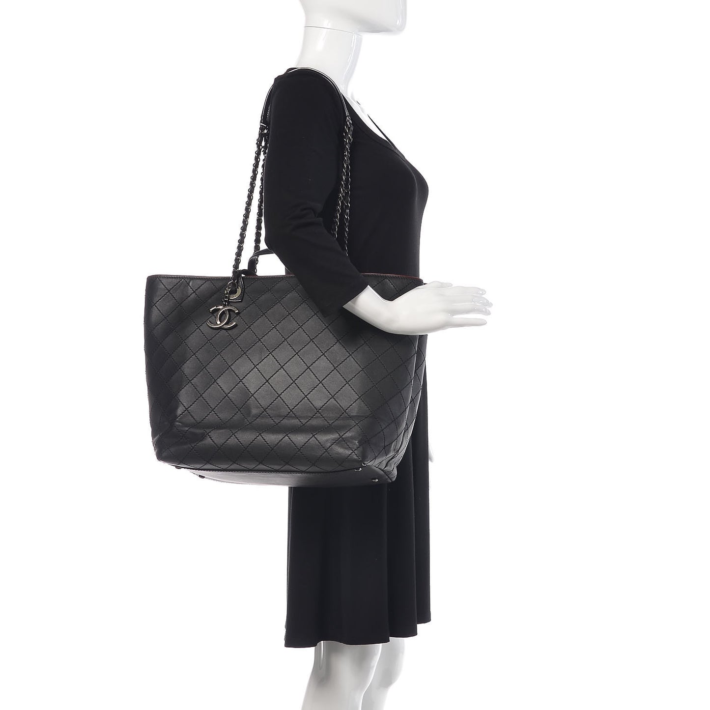 Calfskin Stitched Large Shopping Tote Black