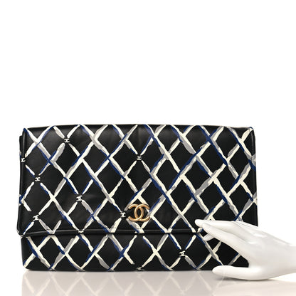 Chanel Lambskin Printed Quilt Flap Clutch Black White 2 of 9