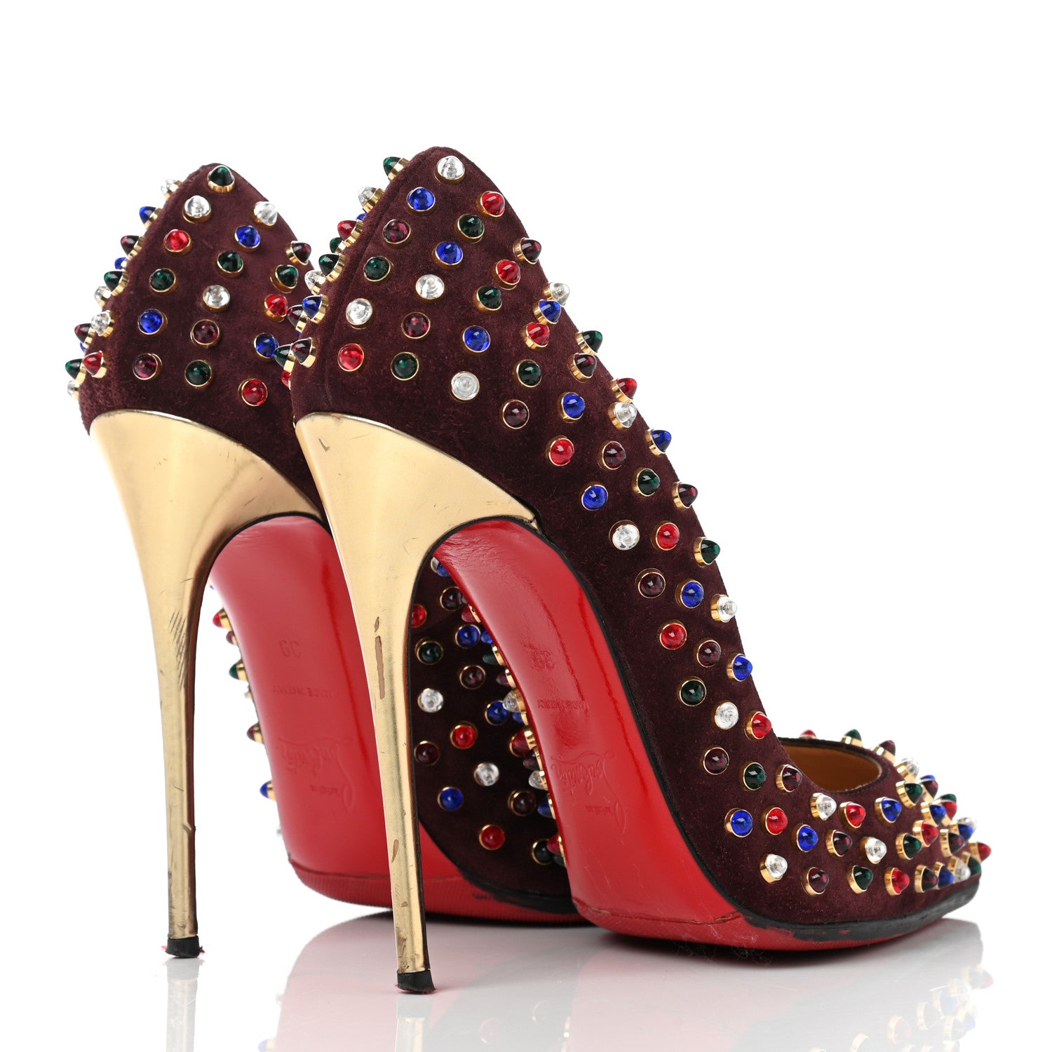 Christian Louboutin Veau Velours Specchio Follies Cabo 100 Pumps 39 Lie De Vin Multi Gold 4 of 11