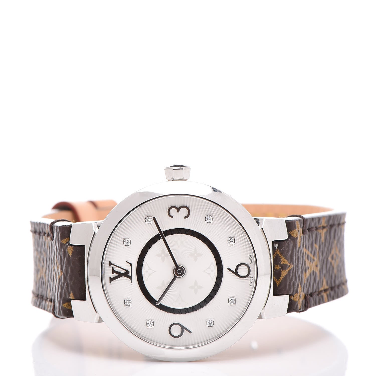 Louis Vuitton Stainless Steel Monogram Diamond 28mm Tambour Slim Quartz Watch 3 of 8