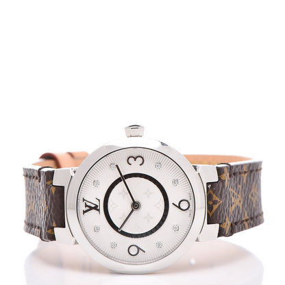 Louis Vuitton Stainless Steel Monogram Diamond 28mm Tambour Slim Quartz Watch 3 of 8