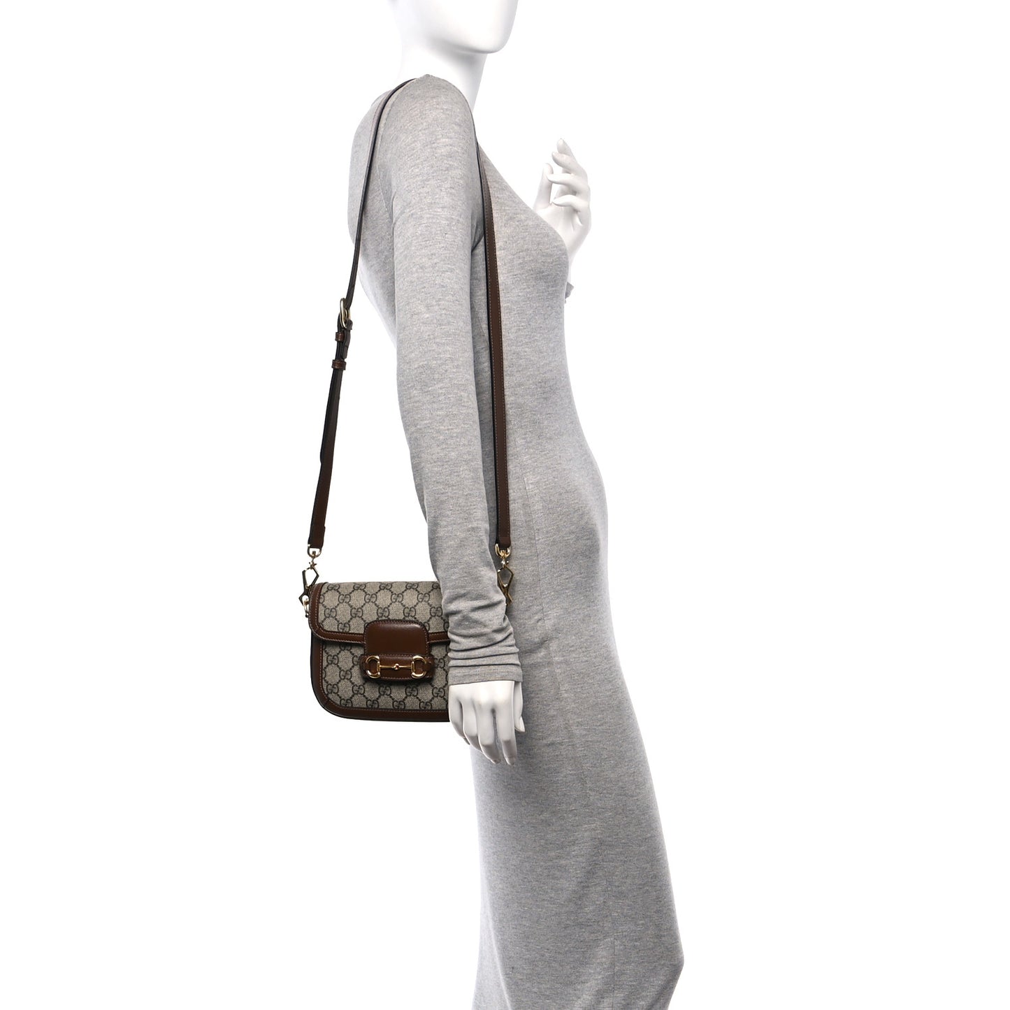 GG Supreme Monogram Web Mini Horsebit 1955 Shoulder Bag Beige Brown Sugar
