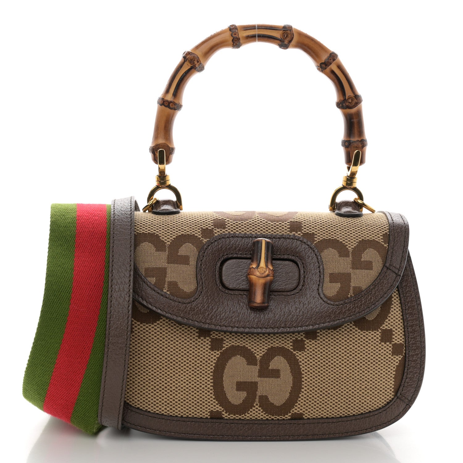 Gucci Monogram Jumbo GG Textured Dollar Calfskin Web Small Bamboo 1947 Top Handle Bag Camel Ebony New Acero 1 of 10