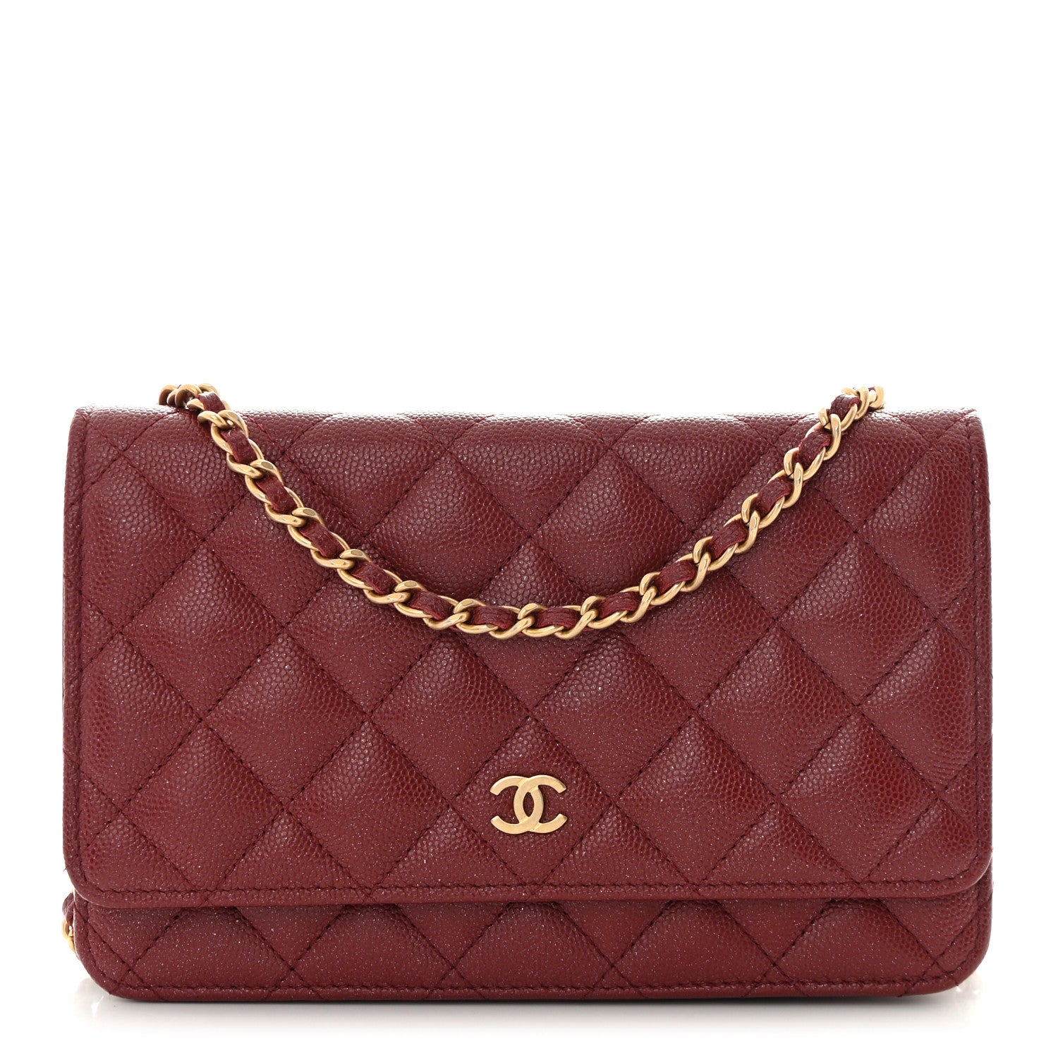 Chanel Metallic Caviar Quilted Wallet on Chain WOC Burgundy 1 of 11
