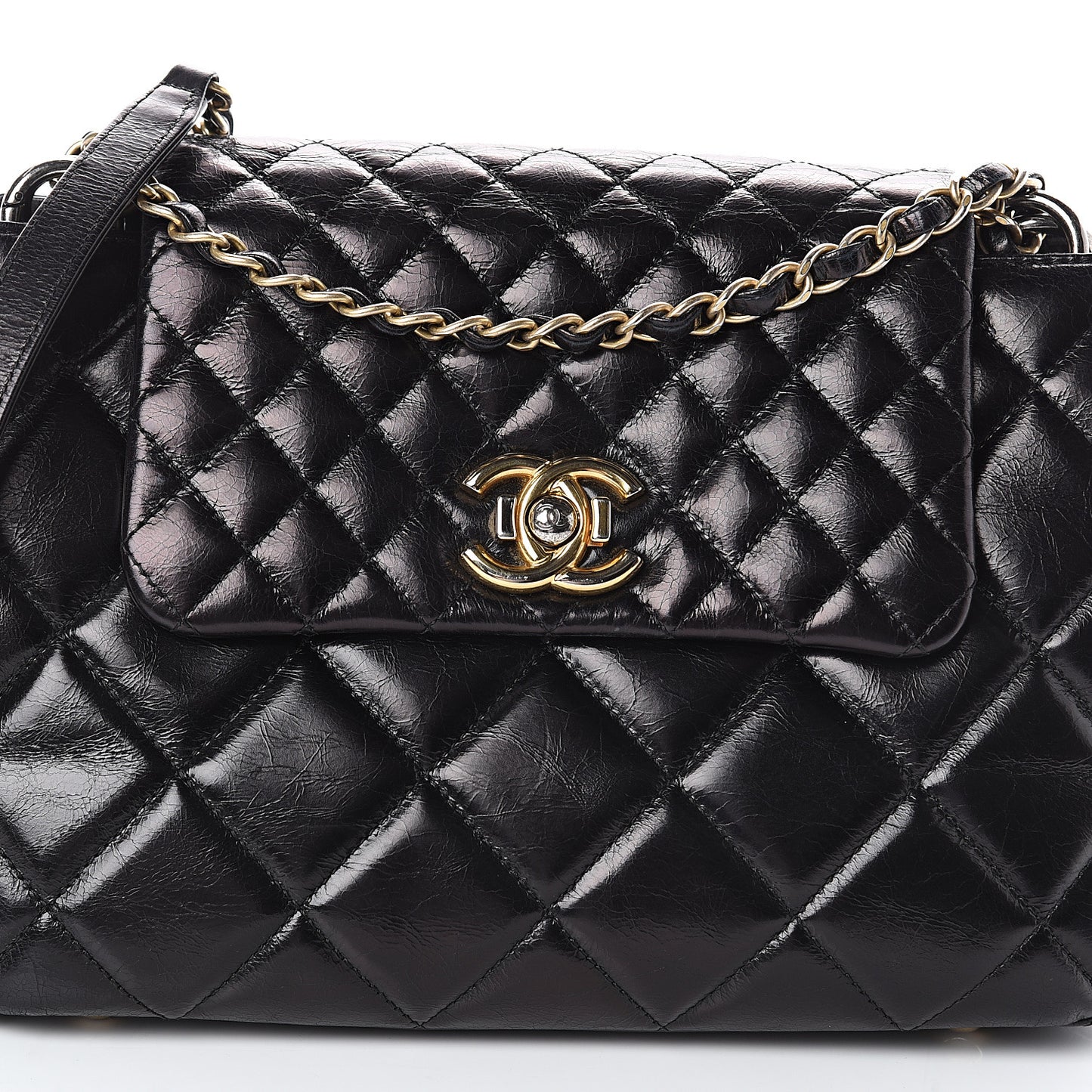 Aged Glazed Calfskin Quilted Small Daily Walk Flap Black