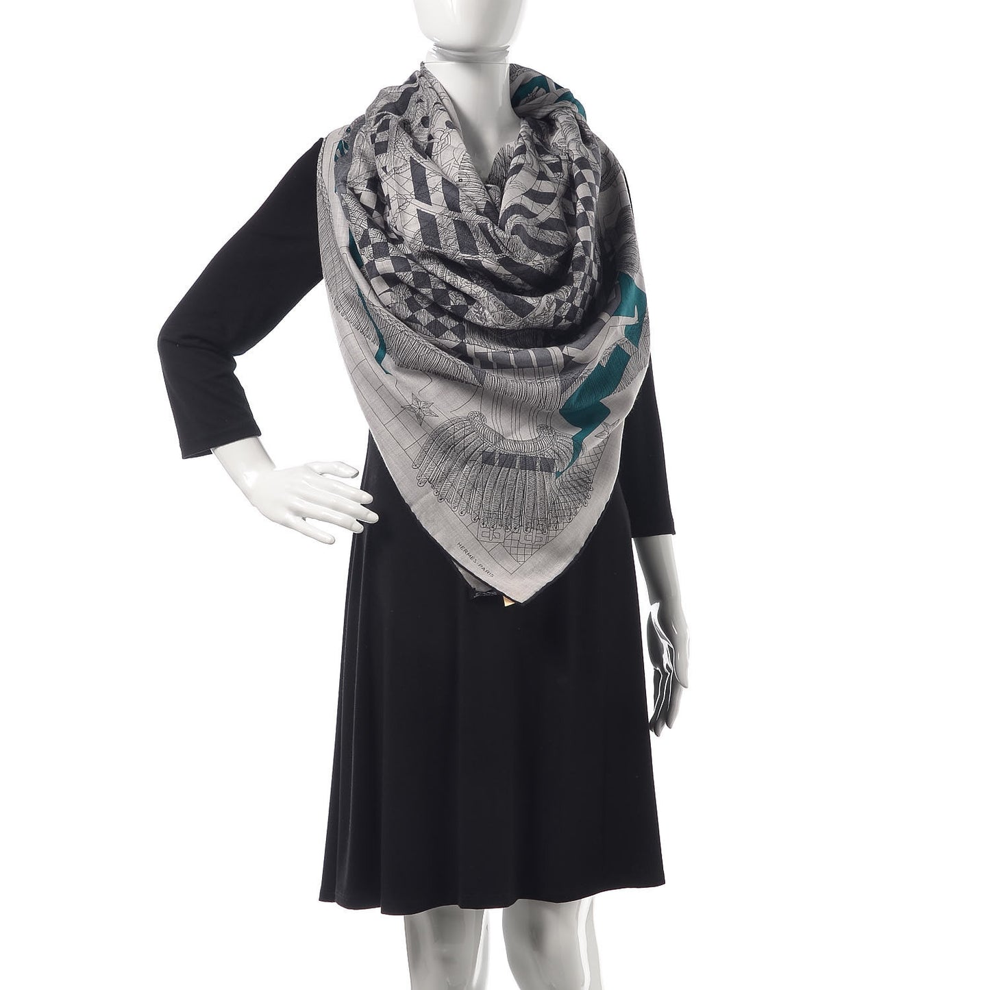 Cashmere Silk Imprimeur Fou Steeple Poste Shawl 140 Gris Clair Chine Anthracite Turquoise