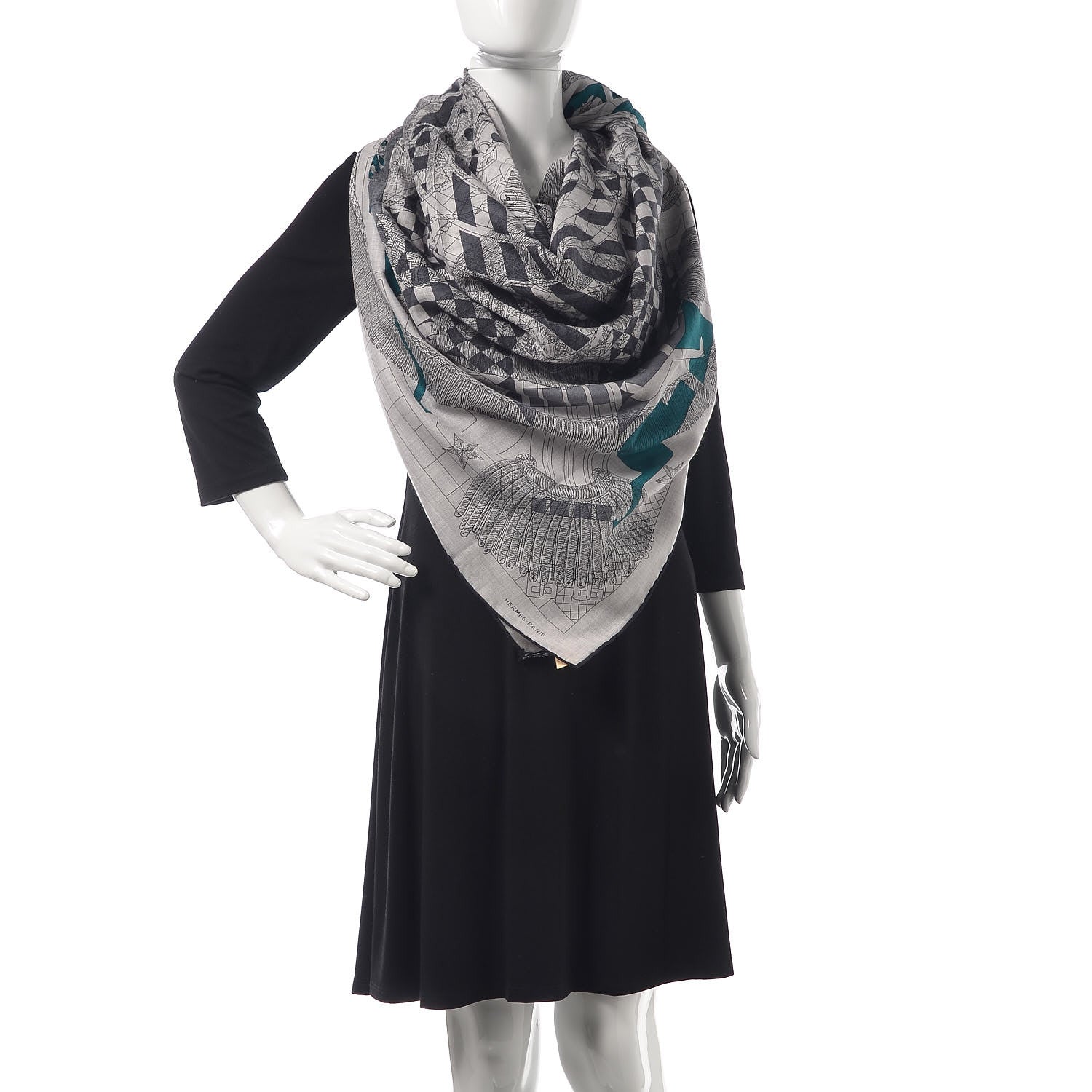 Hermes Cashmere Silk Imprimeur Fou Steeple Poste Shawl 140 Gris Clair Chine Anthracite Turquoise 2 of 4