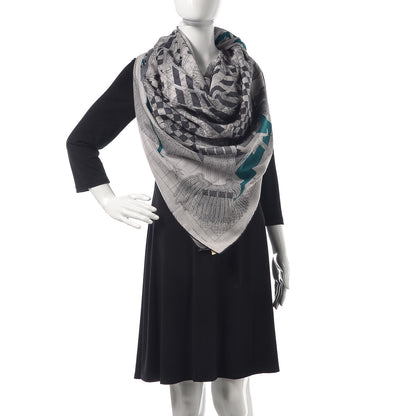 Hermes Cashmere Silk Imprimeur Fou Steeple Poste Shawl 140 Gris Clair Chine Anthracite Turquoise 2 of 4
