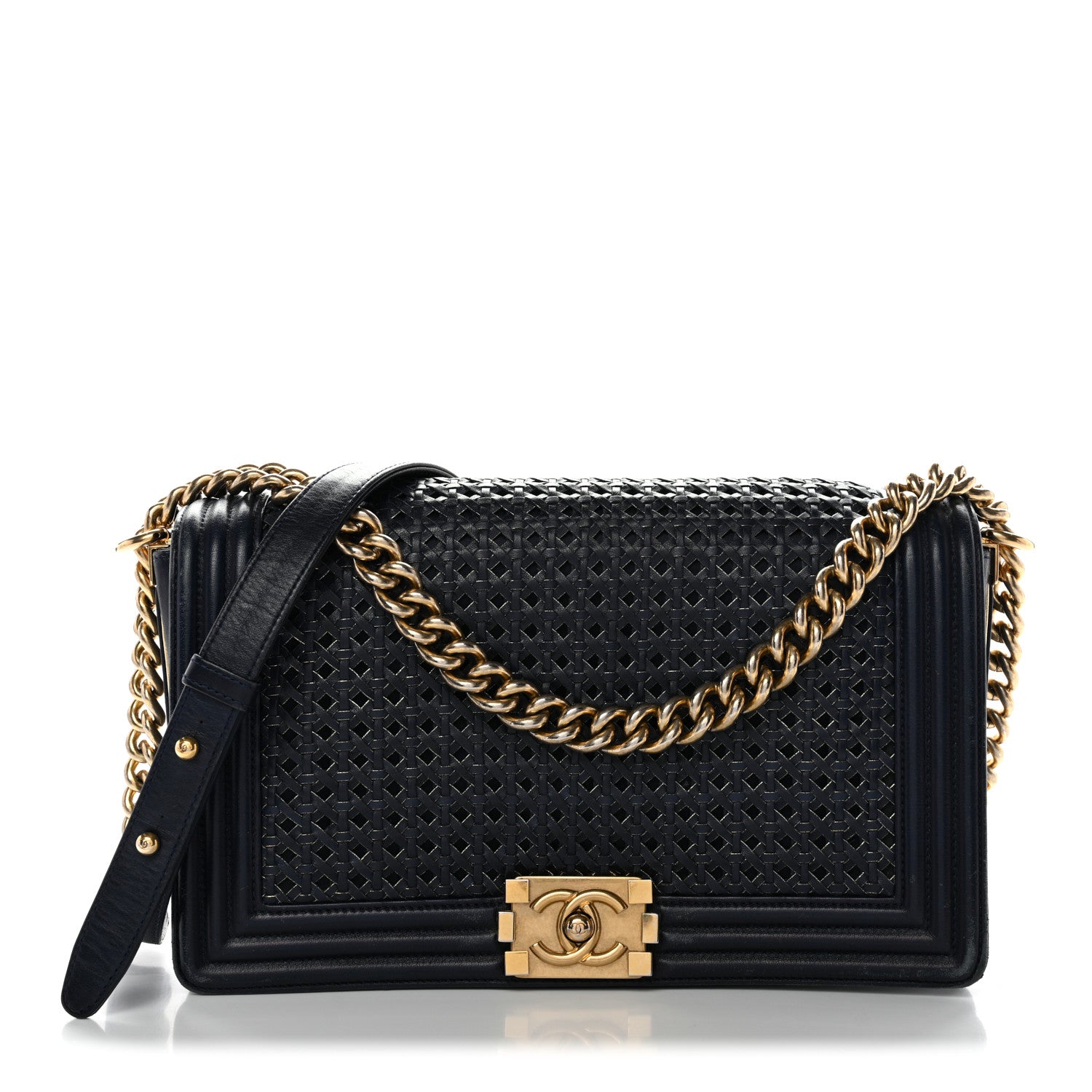 Chanel Lambskin Braided Woven Medium Boy Flap Navy Black 1 of 17