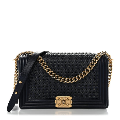 Chanel Lambskin Braided Woven Medium Boy Flap Navy Black 1 of 17