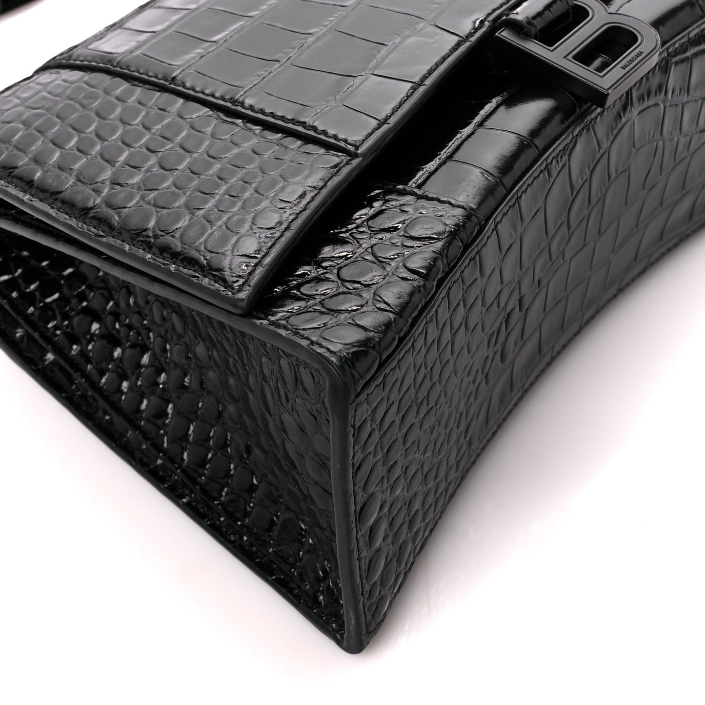 Shiny Calfskin Monochrome Crocodile Embossed Medium Hourglass Top Handle Bag Black