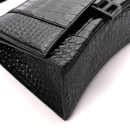 Balenciaga Shiny Calfskin Monochrome Crocodile Embossed Medium Hourglass Top Handle Bag Black 10 of 11