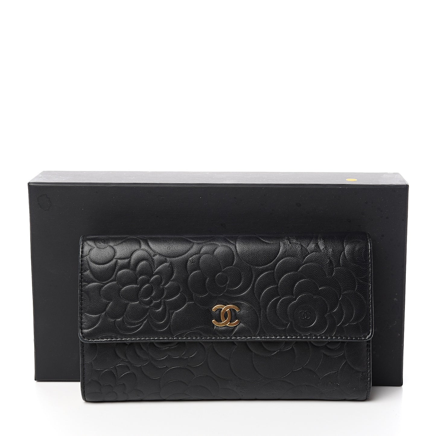 Lambskin Camellia Embossed Large Flap Wallet Black