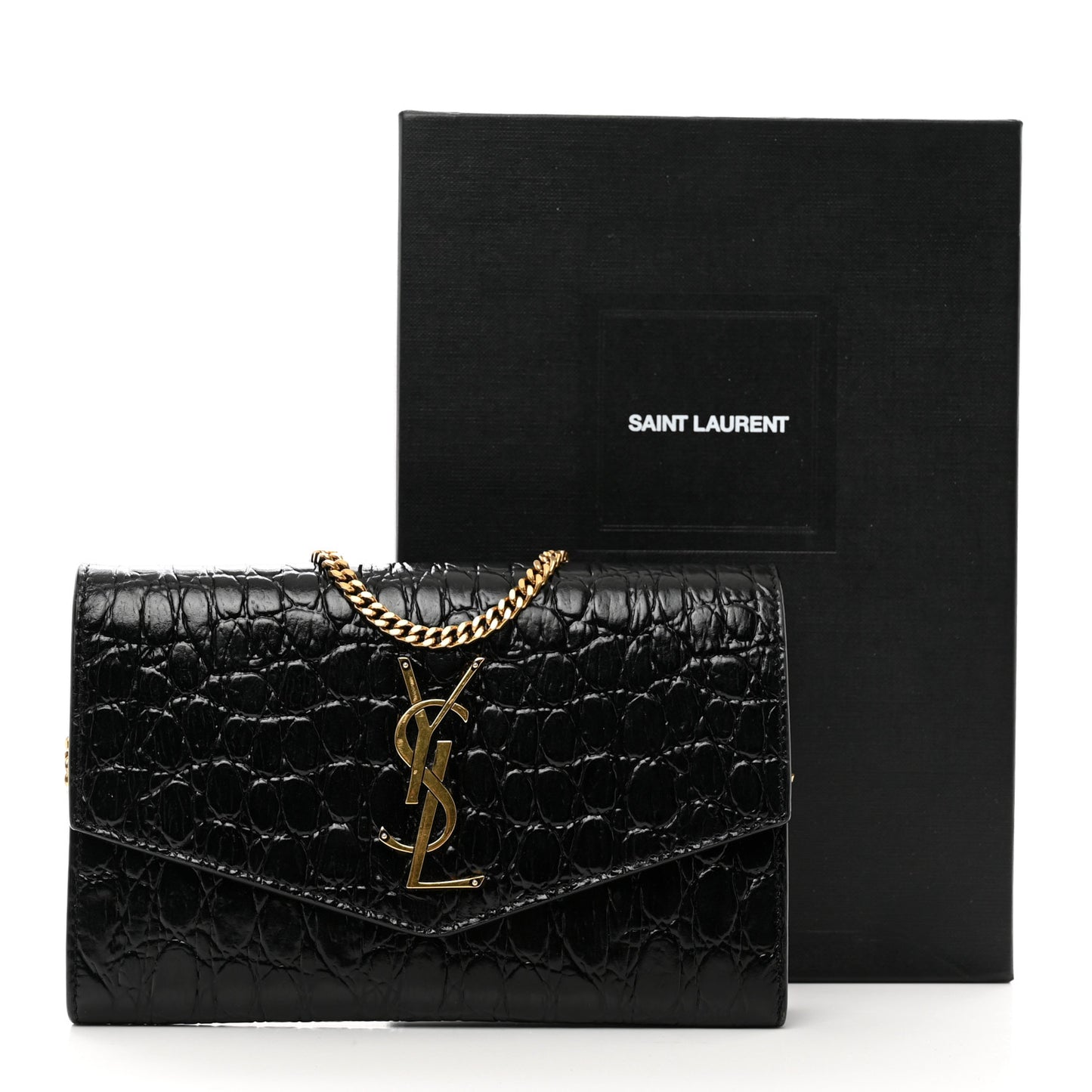 Calfskin Crocodile Embossed Monogram Uptown Chain Wallet Black